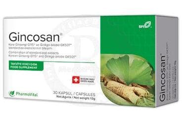 GINCOSAN KORE GINSENGI G115 VE GINKGO BILOBA GK501 STANDARDIZE EKSTRELERININ BILESIMINI ICEREN TAKVIYE EDICI GIDA 30 kapsül İlaç Görseli