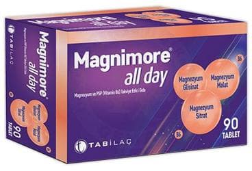 MAGNIMORE ALL DAY MAGNEZYUM VE P5P (VITAMIN B6) ICEREN TAKVIYE EDICI GIDA TABLET 90 tablet İlaç Görseli