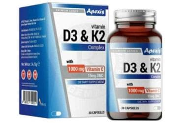 APEXIS VITAMIN D3&K2 KOMPLEKSI, VITAMIN C VE CINKO ICEREN TAKVIYE EDICI GIDA 30 kapsül İlaç Görseli