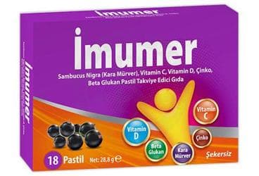 IMUMER SAMBUCUS NIGRA (KARA MURVER), VITAMIN C, VITAMIN D, CINKO, BETA GLUKAN PASTIL TAKVIYE EDICI GIDA 18 pastil İlaç Görseli