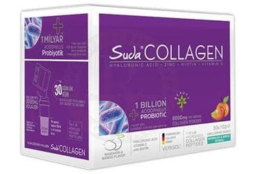 SUDA COLLAGEN HYALURONIC ACID, ZINC, BIOTIN, VITAMIN C ICEREN MANDARIN MANGO AROMALI TAKVIYE EDICI GIDA 30 saşe İlaç Görseli