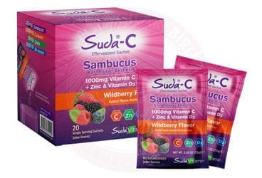 SUDA-C SAMBUCUS KARA MURVER EKSTRESI, VITAMIN C, CINKO, VITAMIN D3 ICEREN KIRMIZI MEYVE AROMALI EFERVESAN SASE 20 saşe İlaç Görseli