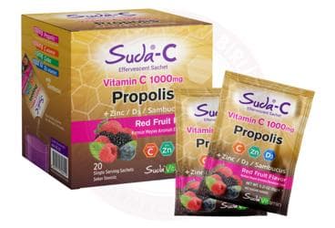 SUDA-C VITAMIN C, PROPOLIS, CINKO, VITAMIN D3, KARA MURVER EKSTRESI ICEREN KIRMIZI MEYVE AROMALI EFERVESAN SASE 20 saşe İlaç Görseli