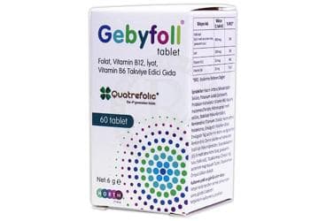 GEBYFOLL FOLAT, VITAMIN B12, IYOT, VITAMIN B6 ICEREN TABLET 60 tablet İlaç Görseli