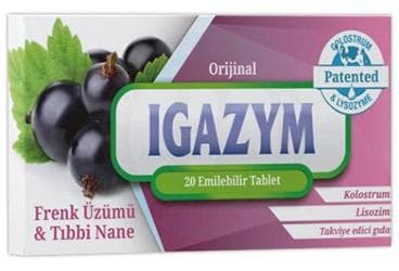 IGAZYM FRENK UZUMU VE TIBBI NANE AROMALI KOLOSTRUM VE LISOZIM ICEREN TAKVIYE EDICI GIDA 20 tablet İlaç Görseli