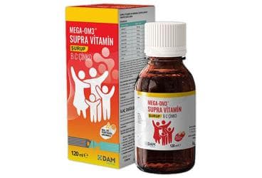 MEGA-OM3 SUPRA VITAMIN VE MINERAL ICEREN SURUP BAL VE PORTAKAL AROMALI TAKVIYE EDICI GIDA 120 ml şişe İlaç Görseli