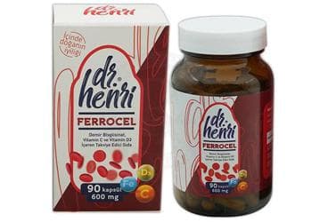DR HENRI FERROCEL DEMIR BISGLISINAT, VITAMIN C VE VITAMIN D3 ICEREN TAKVIYE EDICI GIDA 600 mg 90 kapsül İlaç Görseli