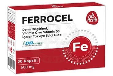 DR HENRI FERROCEL DEMIR BISGLISINAT, VITAMIN C VE VITAMIN D3 ICEREN TAKVIYE EDICI GIDA KAPSUL 30 kapsül İlaç Görseli