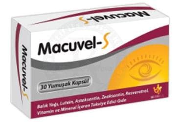 MACUVEL-S LUTEIN, ASTAKSANTIN, ZEAKSANTIN, RESVERATROL, BALIK YAGI, VITAMIN VE MINERAL ICEREN TAKVIYE EDICI GIDA 30 kapsül İlaç Görseli