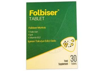 FOLBISER TABLET FOLIK ASIT, IYOT, VITAMIN B12 ICEREN TAKVIYE EDICI GIDA 30 tablet İlaç Görseli