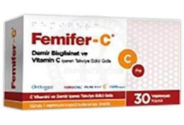 FEMIFER-C DEMIR BISGLISINAT VE VITAMIN C ICEREN TAKVIYE EDICI GIDA KAPSUL 30 kapsül İlaç Görseli