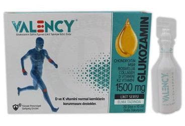VALENCY GLUKOZAMIN SULFAT ICEREN ELMA AROMALI LIKIT TAKVIYE EDICI GIDA 1500 mg 30x10 ml şişe İlaç Görseli