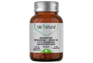 VENATURA MAGNEZYUM (BISGLISINAT + SITRAT) VE P-5-P (VITAMIN B6) TAKVIYE EDICI GIDA 140 mg 60 kapsül İlaç Görseli