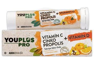 YOUPLUS PRO VITAMIN C, VITAMIN D, CINKO, PROPOLIS ICEREN EFERVESAN TABLET TAKVIYE EDICI GIDA 15 tablet İlaç Görseli