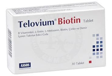 TELOVIUM BIOTIN TABLET B VITAMINLERI, L-SISTIN, L-METIYONIN, BIOTIN, CINKO VE DEMIR ICEREN TAKVIYE EDICI GIDA 30 tablet İlaç Görseli