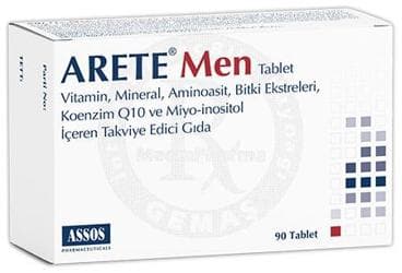 ARETE MEN TABLET VITAMIN, MINERAL, AMINOASIT, BITKI EKSTRELERI, KOENZIM Q10 VE MIYO-INOSITOL ICEREN TAKVIYE EDICI GIDA 90 tablet İlaç Görseli