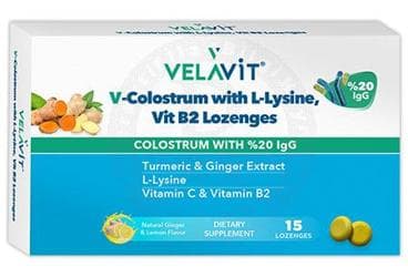 VELAVIT V-COLOSTRUM WITH L-LYSINE, VIT B2 LOZENGES TAKVIYE EDICI GIDA PASTIL 15 pastil İlaç Görseli