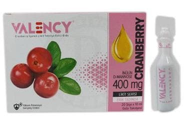 VALENCY CRANBERRY ICEREN ERIK AROMALI LIKIT TAKVIYE EDICI GIDA 400 mg 20x10 ml şişe İlaç Görseli